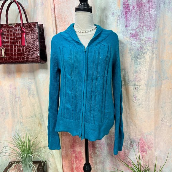 📌Carol Rose Turquoise 2-Way Zipper Acrylic Cable Pattern Long Sleeves Cardigan - Picture 1 of 16